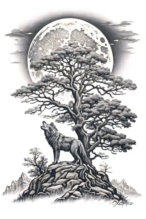 oak tree with mountains in background and wolf howling at the moon tattoo design idea