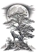 oak tree with mountains in background and wolf howling at the moon tattoo design idea
