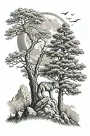 oak tree with mountains in background and wolf howling at the moon tattoo design idea