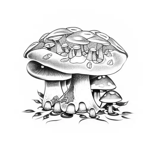 mushroom with frogs, leaves, acorns tattoo design idea