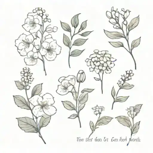 Primrose, violet, rose, honeysuckle, lily of the valley, hawthorn, naraccisus bouqet  tattoo design idea