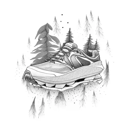 A trail running shoe surrounded by a forest of beanstalks tattoo design idea
