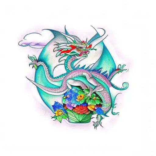 Dragon with flowers and clouds tattoo design idea