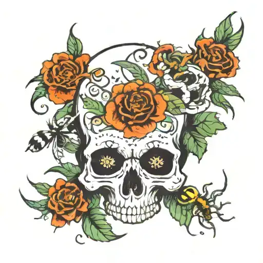 colored Flowers but balck and white skull with some spiders and snakes tattoo design idea