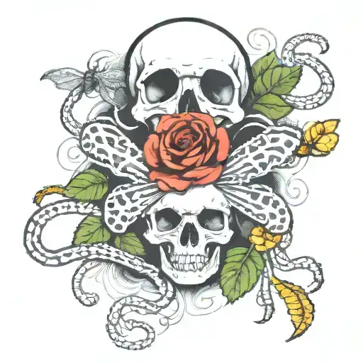 colored Flowers but balck and white skull with some spiders and snakes more spiders tattoo design idea