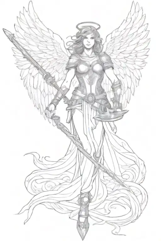 Warrior Angel with wings spread and holding a spear tattoo design idea