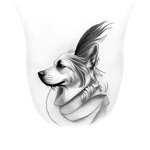 A dotwork tattoo of a dog's face with a chicken feather tucked behind its ear, and the Guinness harp subtly incorporated into the fur texture tattoo design idea