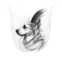 A dotwork tattoo of a dog's face with a chicken feather tucked behind its ear, and the Guinness harp subtly incorporated into the fur texture tattoo design idea