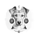 A dotwork tattoo of a dog's face with a chicken feather tucked behind its ear, and the Guinness harp subtly incorporated into the fur texture tattoo design idea