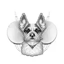 A dotwork tattoo of a dog's face with a chicken feather tucked behind its ear, and the Guinness harp subtly incorporated into the fur texture tattoo design idea