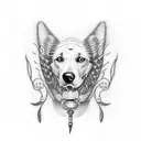 A dotwork tattoo of a dog's face with a chicken feather tucked behind its ear, and the Guinness harp subtly incorporated into the fur texture tattoo design idea
