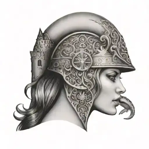 a female face in profile wearing a medieval helmet with a castle on the other half of the head with a snake in front tattoo design idea