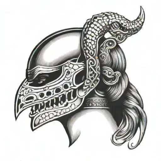 a female face in profile wearing a medieval helmet with a castle on half of her head with a snake in front of her tattoo design idea