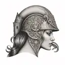 a female face in profile wearing a medieval helmet with a castle on the other half of the head with a snake in front tattoo design idea