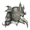 a female face in profile wearing a medieval helmet with a castle on the other half of the head with a snake in front tattoo design idea
