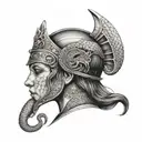a female face in profile wearing a medieval helmet with a castle on the other half of the head with a snake in front tattoo design idea