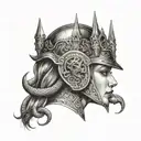 a female face in profile wearing a medieval helmet with a castle on the other half of the head with a snake in front tattoo design idea