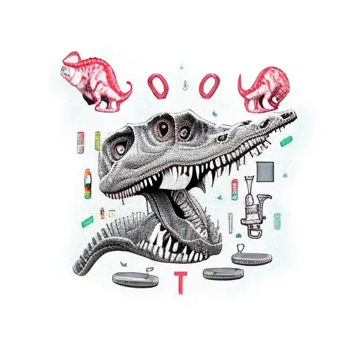 A doctor cat surrounded by Taylor Swift lyrics and dinosaur bones tattoo design idea