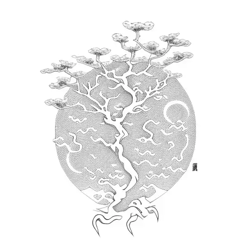 dragon and tiger japan style sakura tree samurai  tattoo design idea