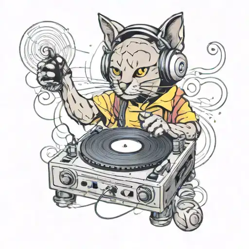 A new-school illustration of a cat wearing headphones and DJing on a turntable tattoo design idea