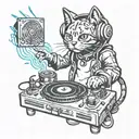 A new-school illustration of a cat wearing headphones and DJing on a turntable tattoo design idea