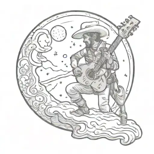 cowboy playing guitar on the moon tattoo design idea