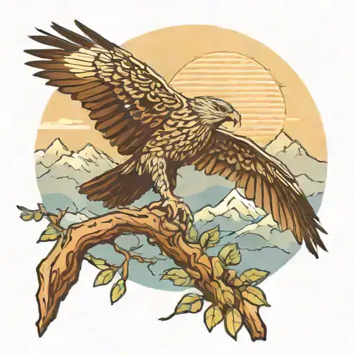 Stoic Hawk on tree branch overlooking mountains other animals nature scene,  Sunrise signaling new begins and colors tattoo design idea