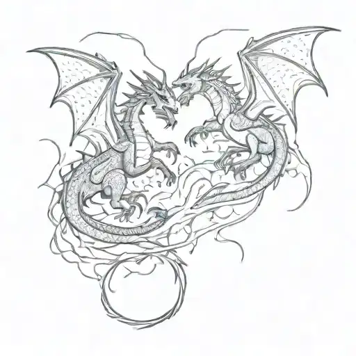 Dragons fighting amidst a storm of lightning bolts in a sketch style tattoo design idea