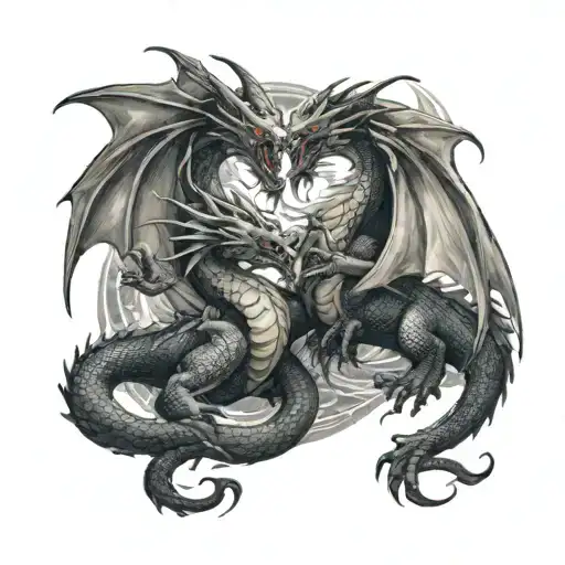 A tattoo of two fierce dragons engaged in an epic aerial battle, their scales shimmering in the moonlight as they clash in a display of power and strength tattoo design idea