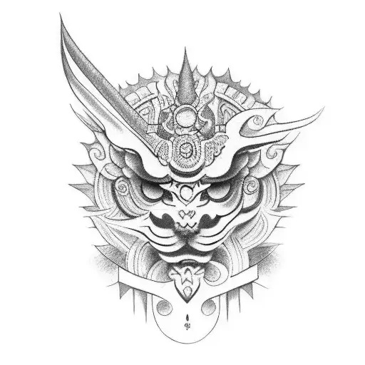 arm sleeve with Merlion, Aztec, Mayan  tattoo design idea