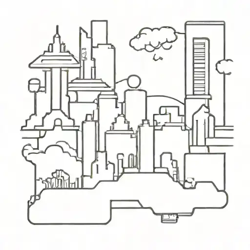 Incorporate the Digimon matt emblem into a minimalist tattoo design of a futuristic cityscape tattoo design idea