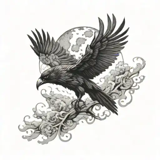 A mystical scene of a raven perched on a wolf's back, surrounded by swirling black-grey clouds and moonlight tattoo design idea