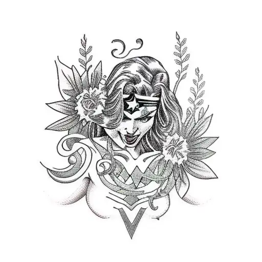 Wonder Woman's silhouette surrounded by flowers and vines tattoo design idea