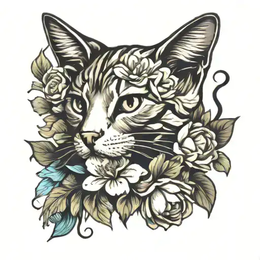 cat and flowers forming tattoo design idea