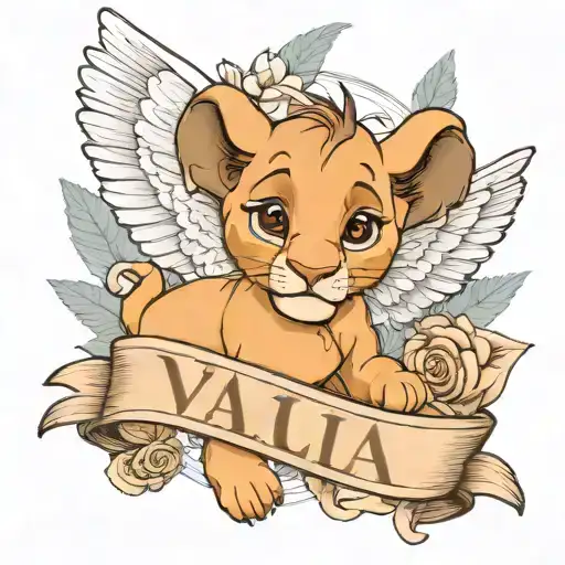 baby nala from the lion king movie with angel wings and the name "Yalın" above  tattoo design idea
