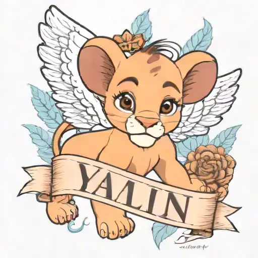 baby nala from the lion king movie with angel wings and the name "Yalin Hamit" above  tattoo design idea