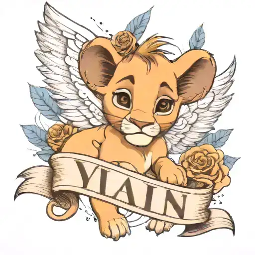 baby nala from the lion king movie with angel wings and the name "Yalın H." above  tattoo design idea