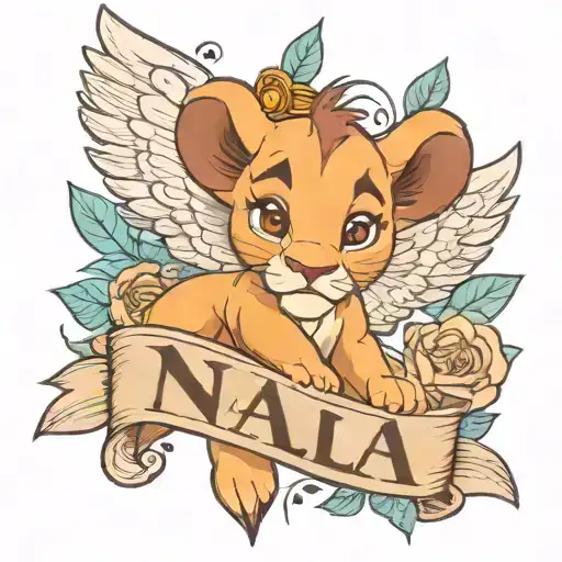 baby nala from the lion king movie with angel wings and the name "Yalın Hamit" above  tattoo design idea