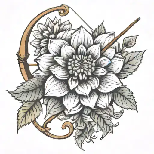 dahlia flower with recurve bow intertwined tattoo design idea