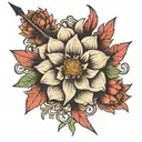 dahlia flower with bow arrows tattoo design idea
