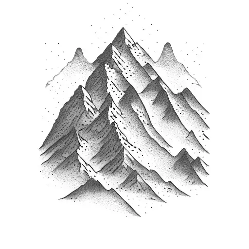 1 big mountain with 5 others mountains and stream flowing through it   tattoo design idea