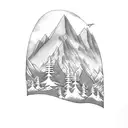 1 big mountain with 5 others mountains and stream flowing through it   tattoo design idea