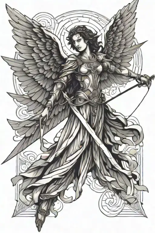 falling angel with wings spread wide open wings holding sword tattoo design idea