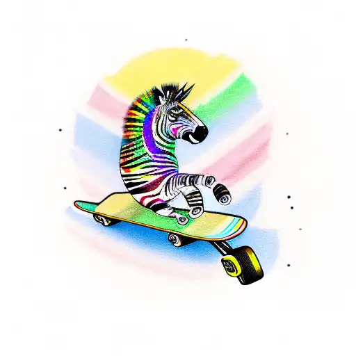 rainbow coloured zebra riding a skateboard tattoo design idea