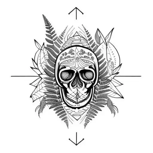 garden of ferns in middle skull with a dagger  tattoo design idea