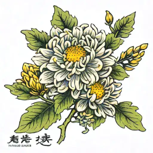 Small chrysanthemum flower with its japanese name tattoo design idea