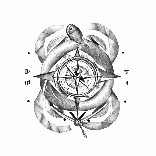 sailing ship, compass, fish, date, laurel wreath tattoo design idea