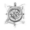 sailing ship, compass, fish, date, laurel wreath, crucifix tattoo design idea