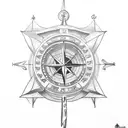 sailing ship, compass, fish, date, laurel wreath, crucifix tattoo design idea