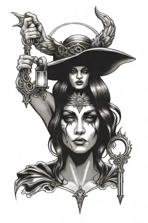 Circe goddess of witchcraft holding a key simple portrait looking straight on  tattoo design idea